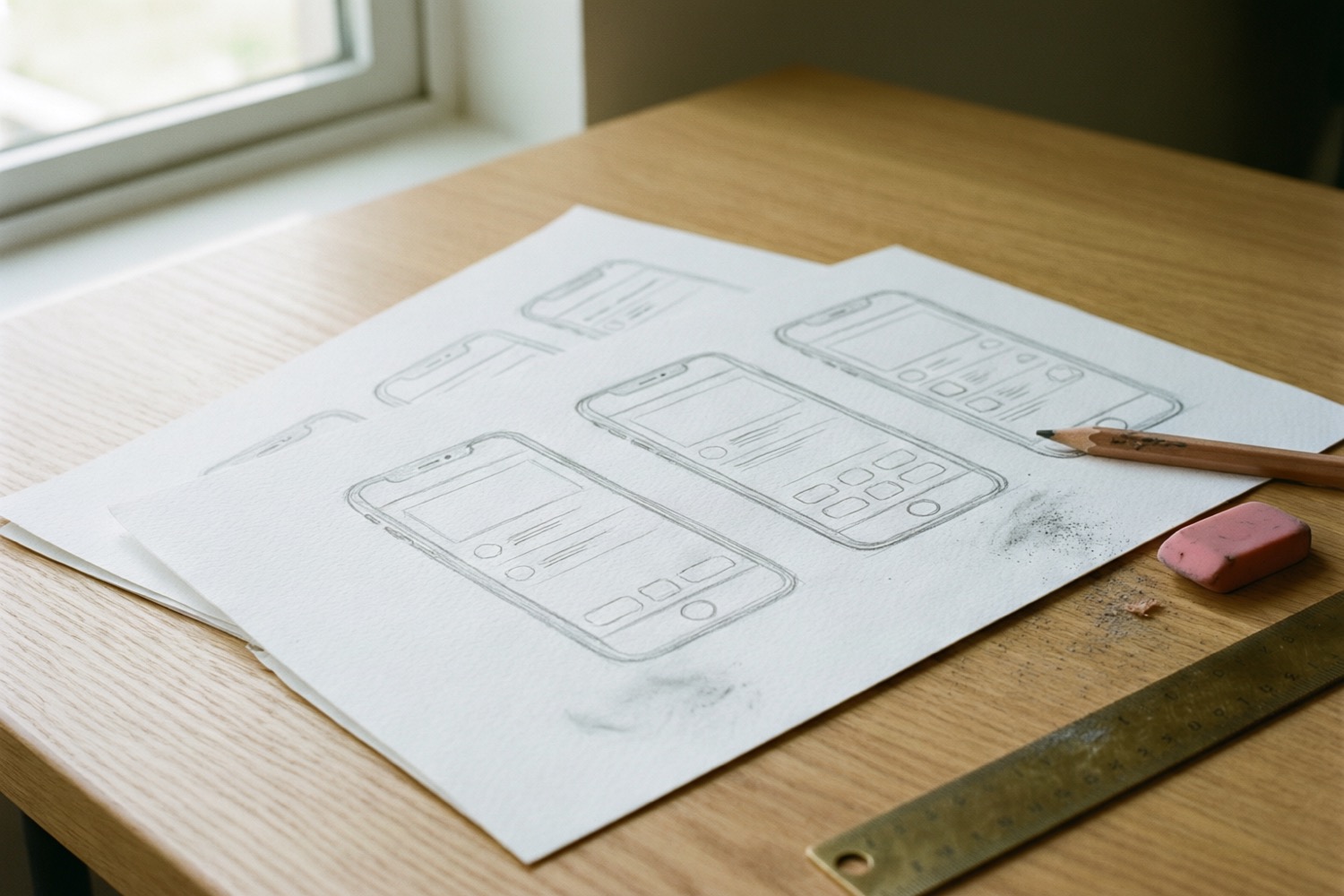 App wireframes sketched in pencil on paper at a wooden desk